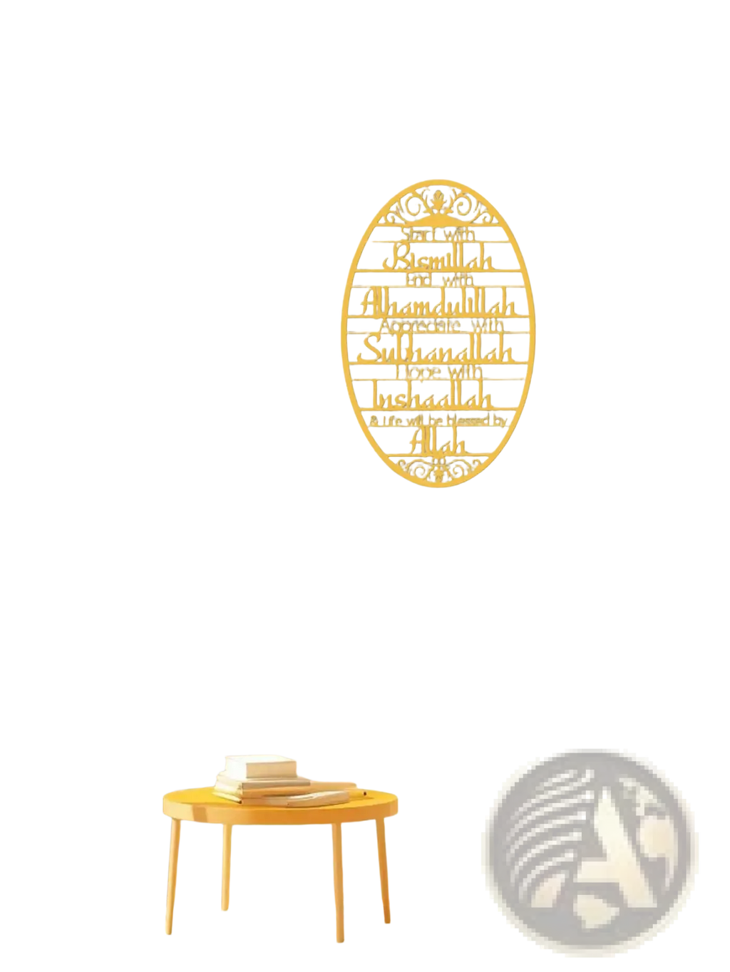 Golden oval metal wall art with intricate cut-out islamic calligraphy design used as a key holder hook