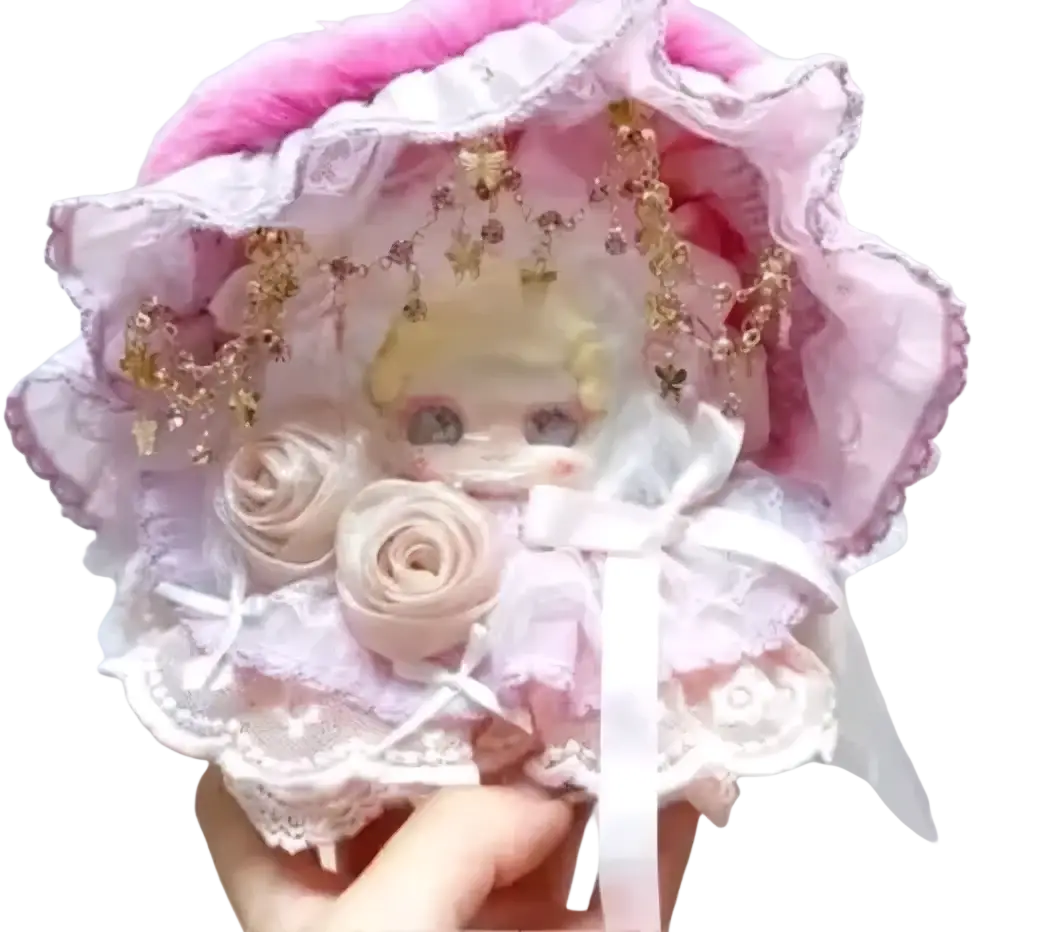 Bjd replacement accessories support service featuring a delicate pink lace bonnet with embroidered roses and gold embellishments