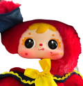 A plush doll with red fuzzy body yellow hair large black eyes wearing a navy blue hat and outfit for bjd replacement accessories support service
