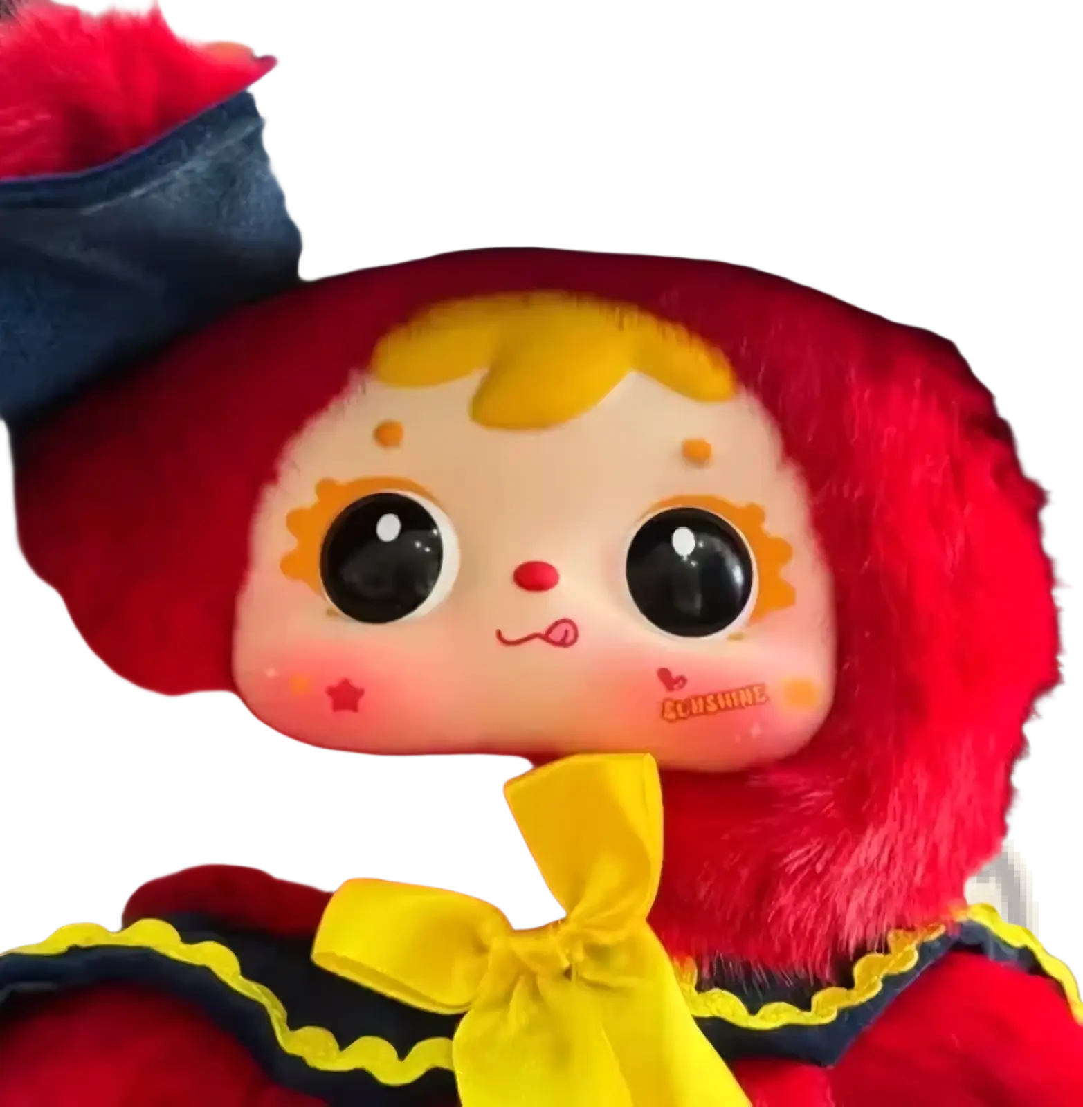 A plush doll with red fuzzy body yellow hair large black eyes wearing a navy blue hat and outfit for bjd replacement accessories support service