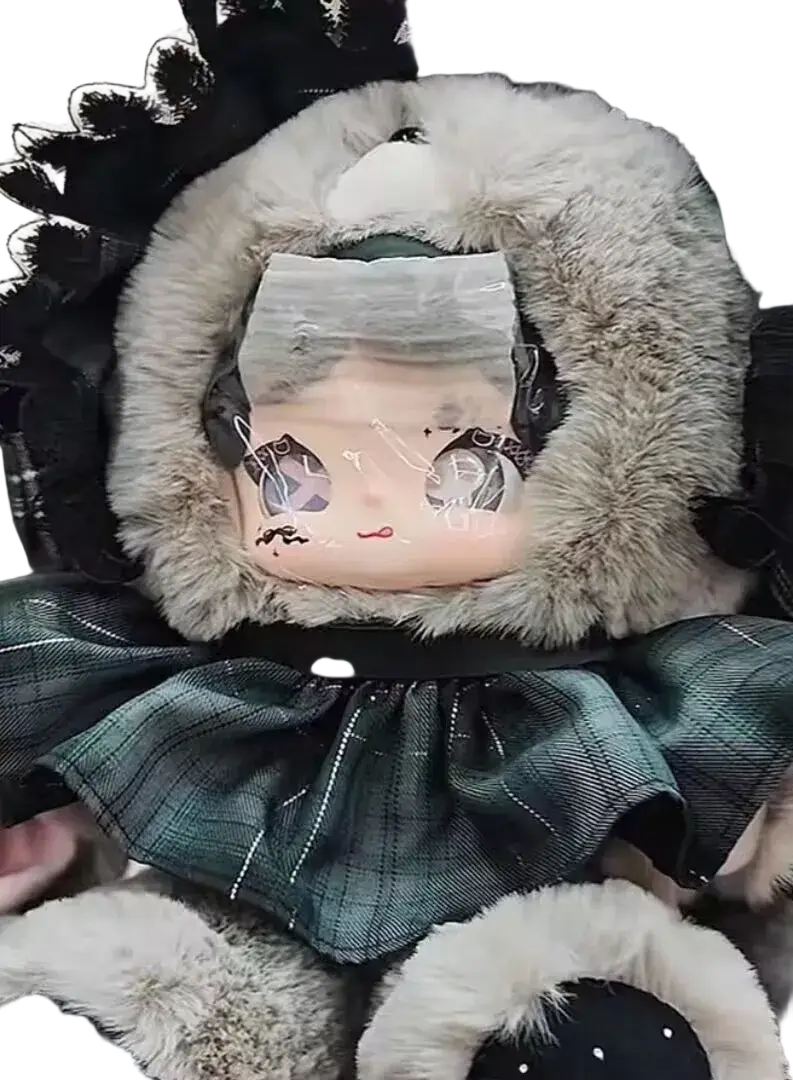 A bjd replacement accessory plush doll with gray faux fur hood black lace trim and green plaid fabric dress