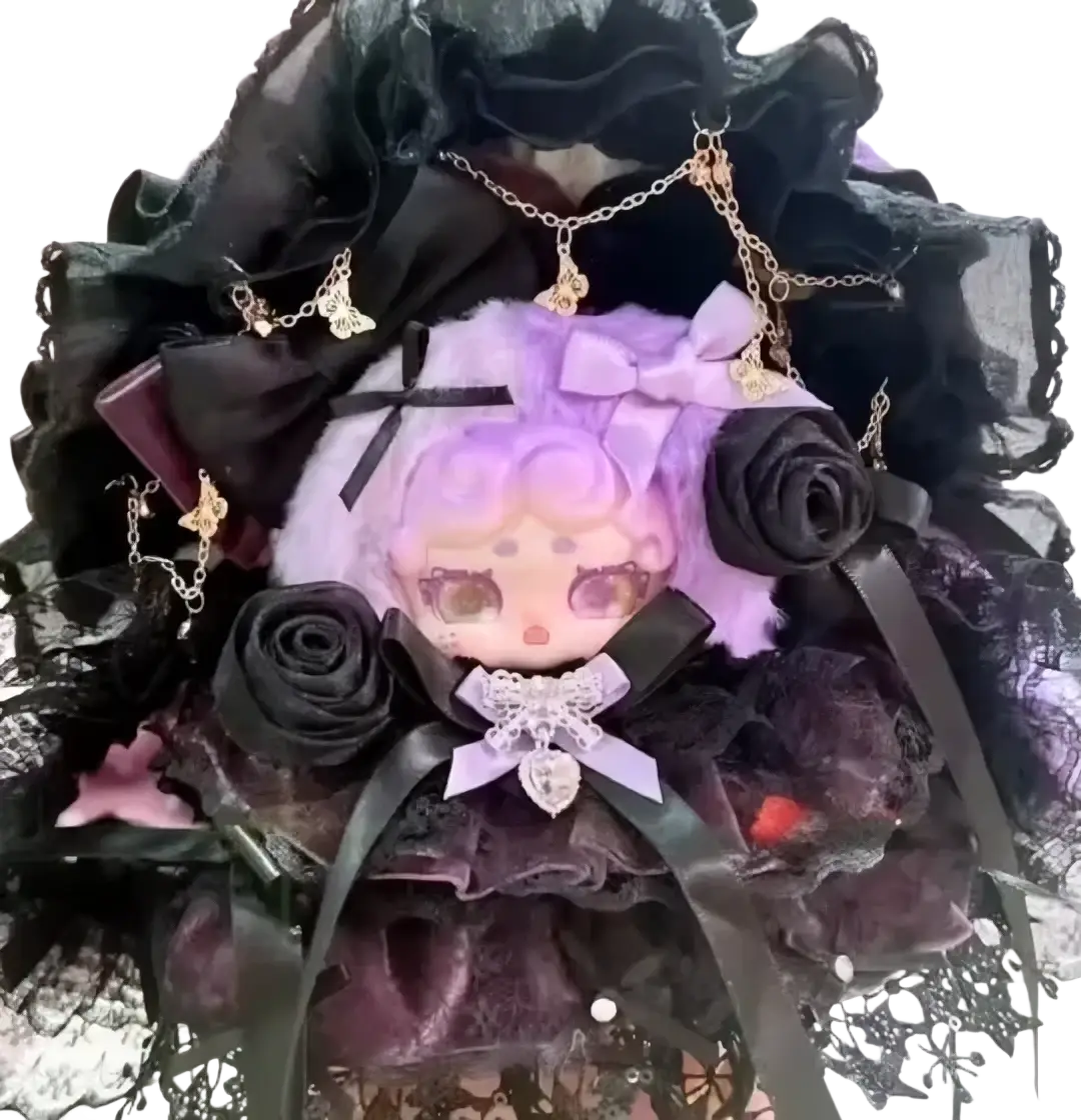 A plush doll with lavender hair large eyes in black lace and velvet outfit with roses bows and gold chains for Bjd replacement accessories support service