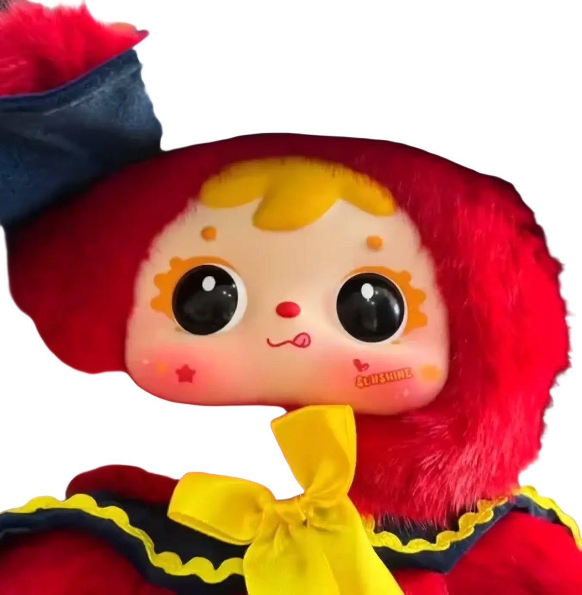 A plush doll with red fuzzy body yellow hair large black eyes wearing a navy blue hat and outfit for bjd replacement accessories support service