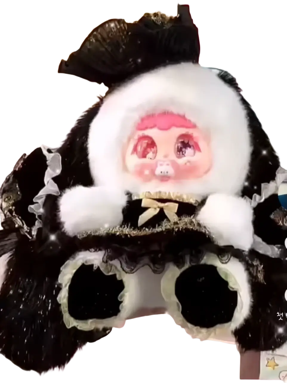 A plush black and white panda doll with pink cheeks lace trim gold bows and glittery details for bjd accessory support