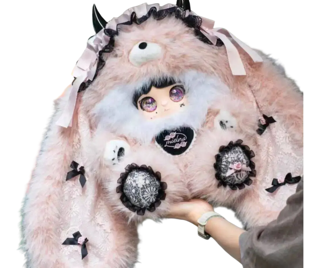 A plush pink fur monster costume with lace trimmed black bows and skull patches for bjd replacement accessories support service