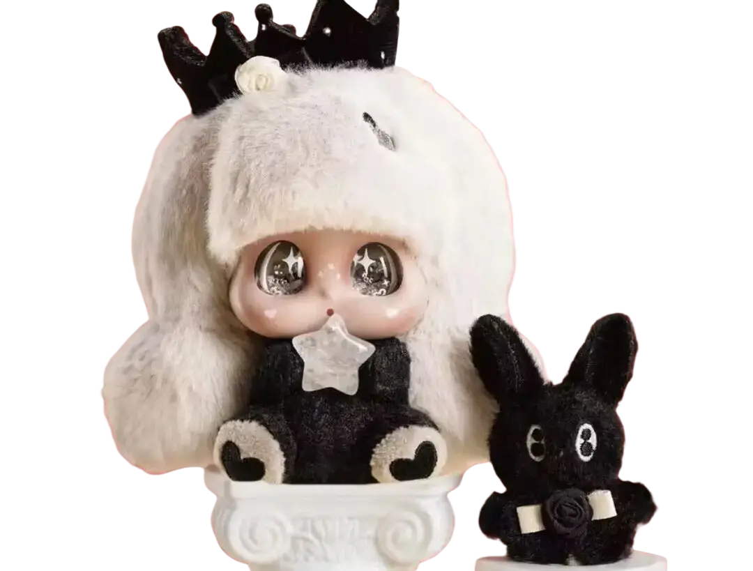A plush white bunny doll with oversized starry eyes wearing a black crown holds a silver star in bjd replacement accessories support service