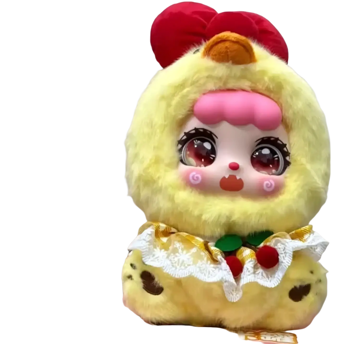 A plush yellow chicken doll with pink cheeks and a red bow for bjd replacement accessories support service