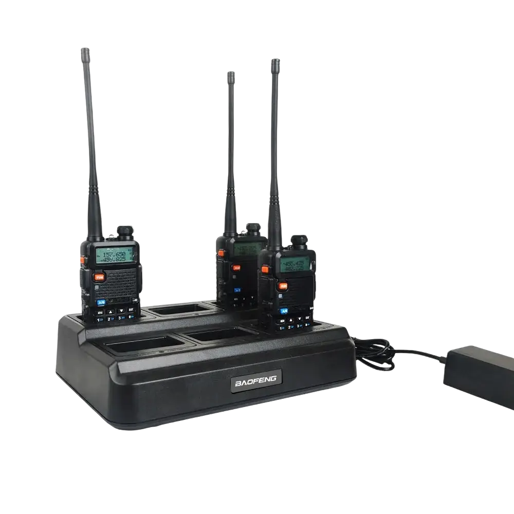 Black baofeng bf-f6 handheld two-way radios with antennas in a bl-5x6 six way rapid charger for uv-5r walkie talkie