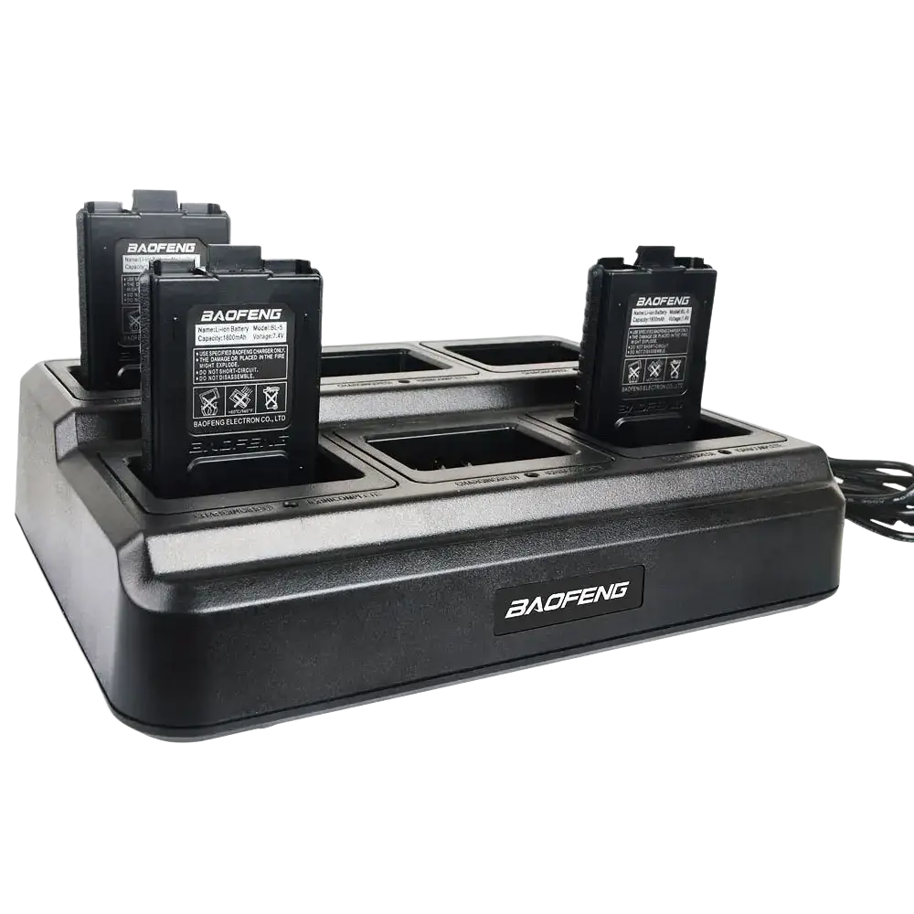Black baofeng bl-5x6 dual-slot rapid battery charger with three batteries for uv-5r walkie talkie use