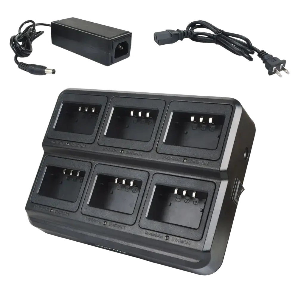 Black plastic bl-5x6 six way rapid charger with six slots and power adapter for uv-5r walkie talkie batteries