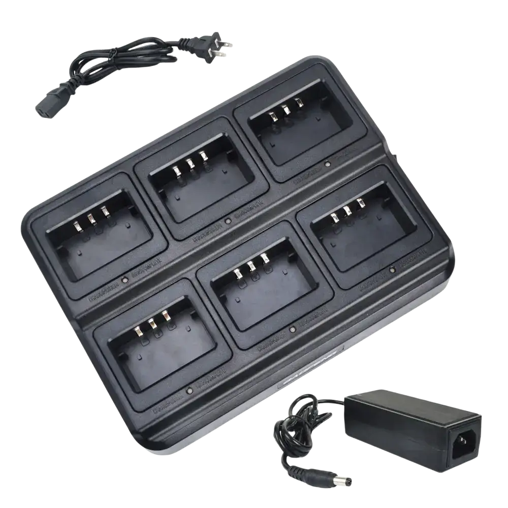 Black plastic bl-5x6 six way rapid charger with six battery slots and power adapter for uv-5r walkie talkie