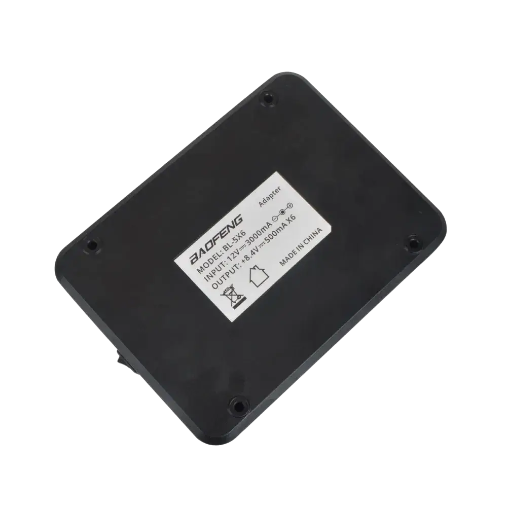 Black plastic bl-5x6 six way rapid charger power adapter with white label for uv-5r walkie talkie specifications