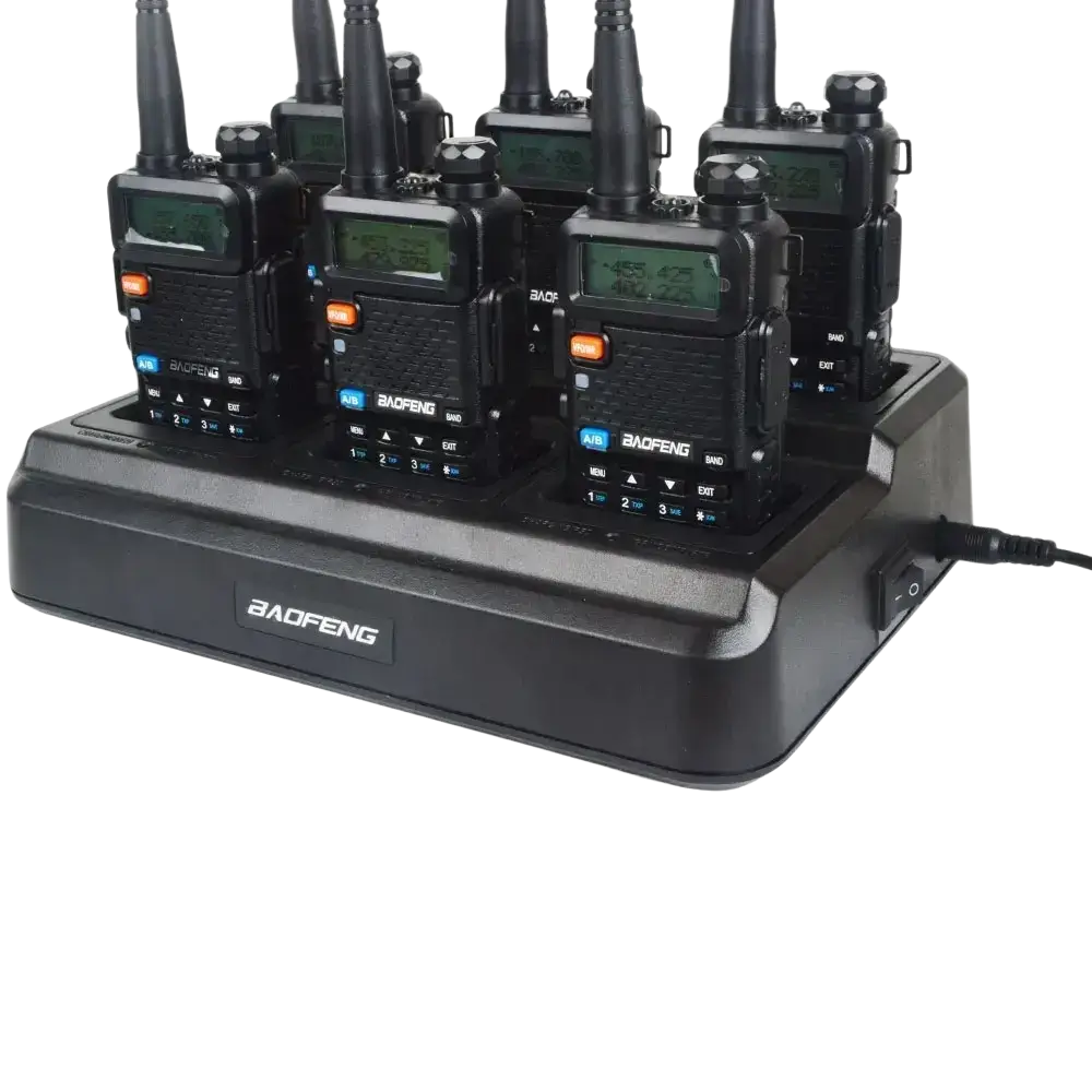 Black baofeng bf-f6 walkie talkies in a bl-5x6 six way rapid charger for uv-5r handheld radios