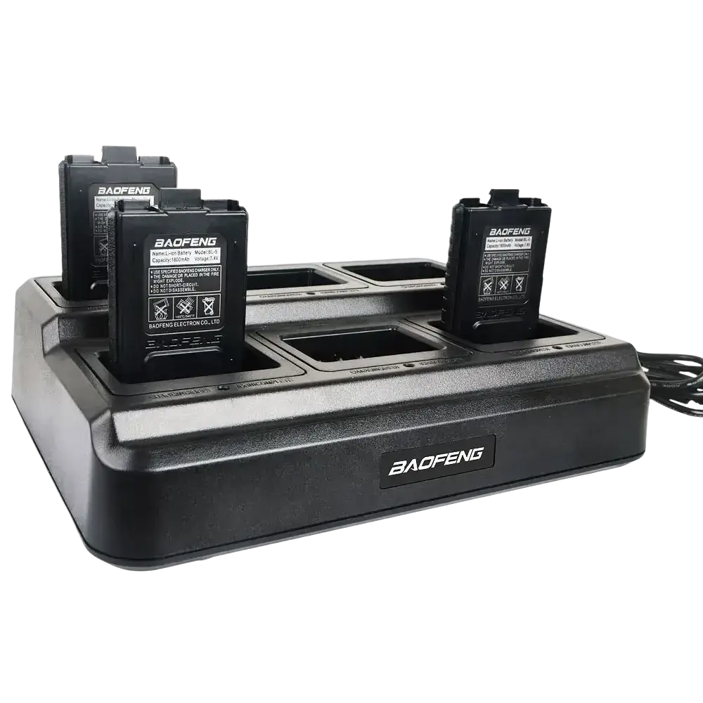 Black baofeng bl-5x6 six way rapid charger with three slots for charging two uv-5r walkie talkie batteries simultaneously