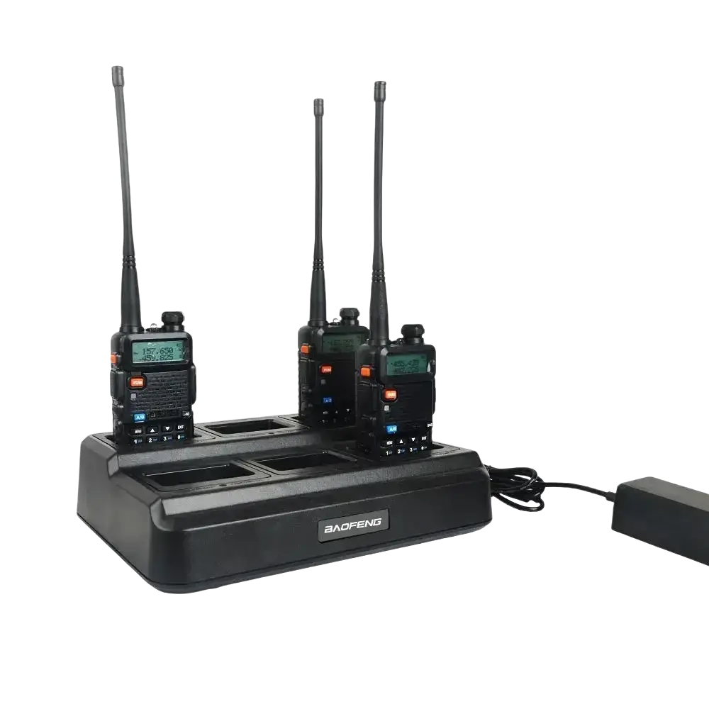 Black bl-5x6 six way rapid walkie talkie charger station holding three uv-5r radios in black handheld slots