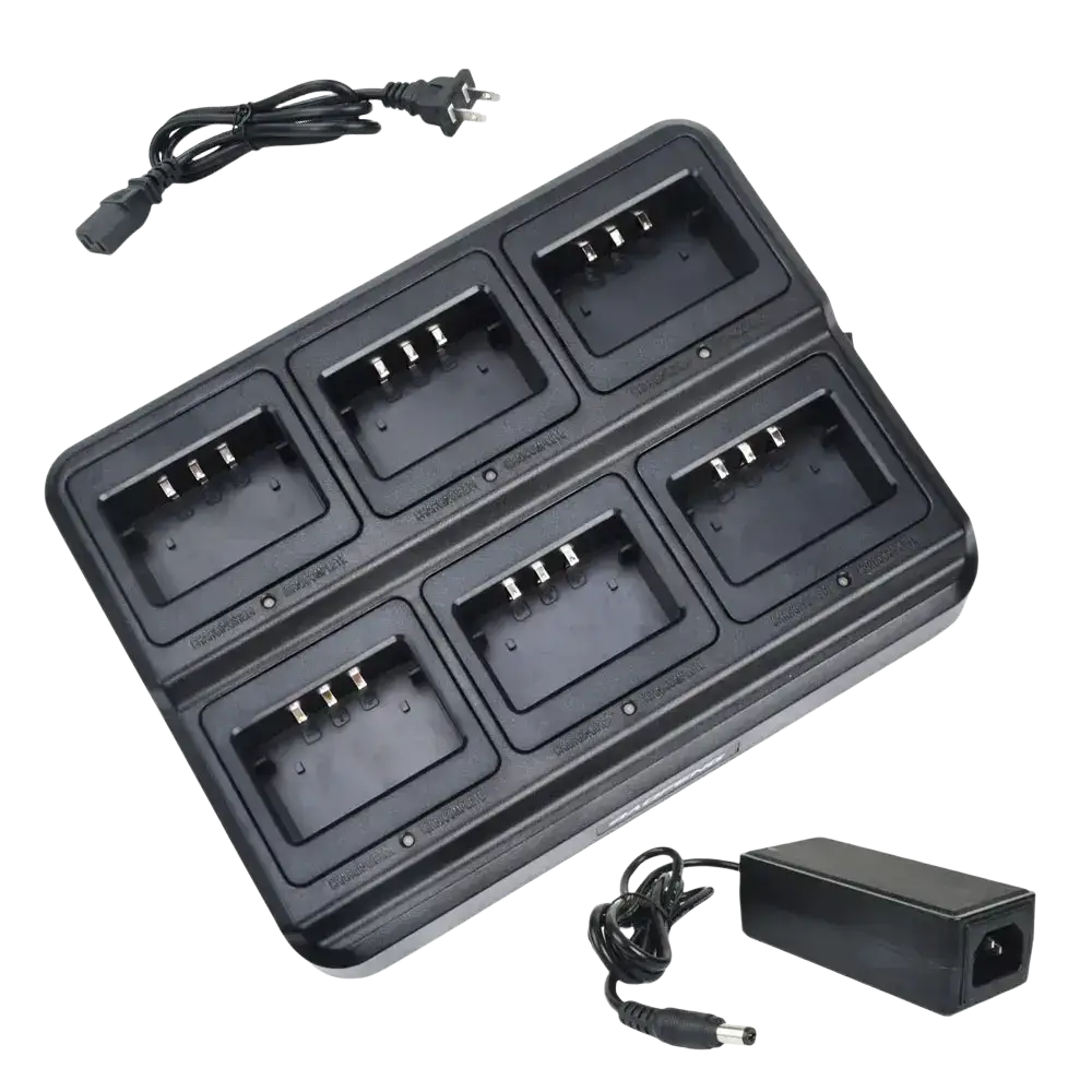 Black plastic bl-5x6 six way rapid charger with six slots and power adapter for uv-5r walkie talkie batteries