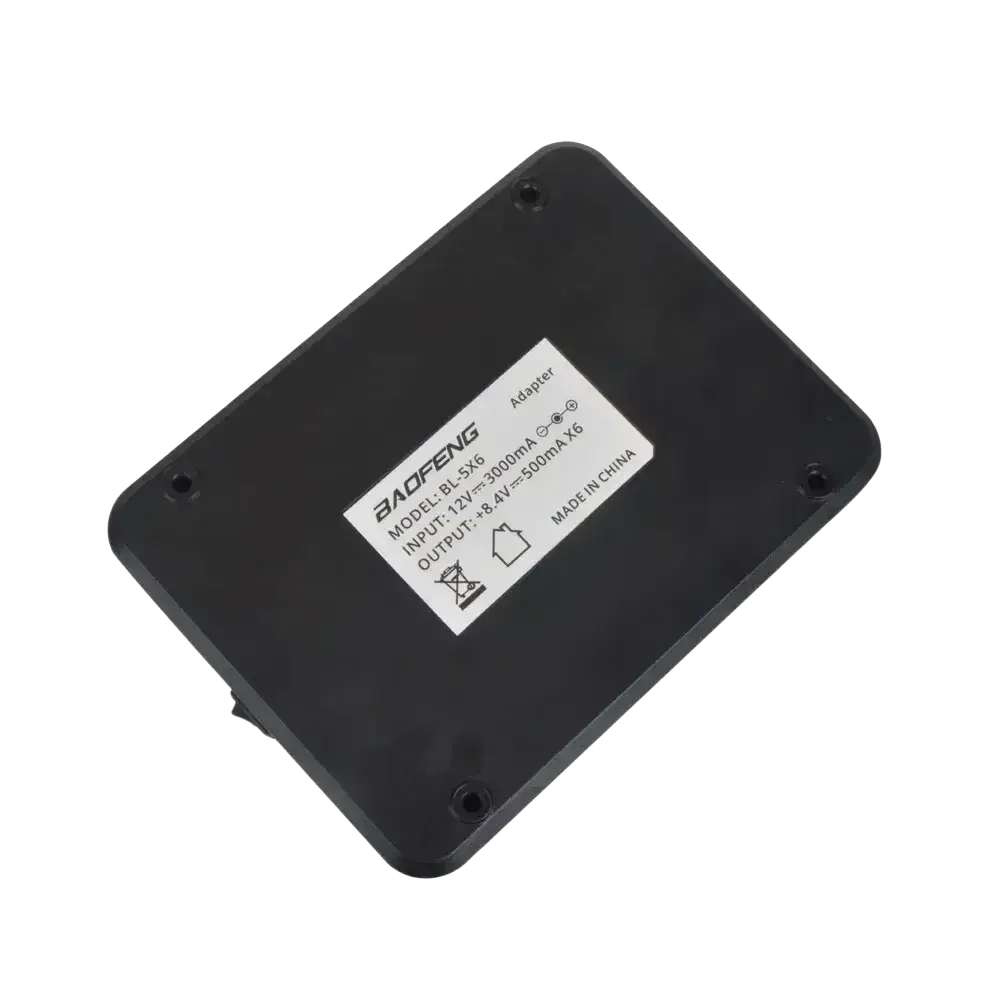 Black plastic bl-5x6 six way rapid walkie talkie charger with white label for uv-5r displaying technical specifications