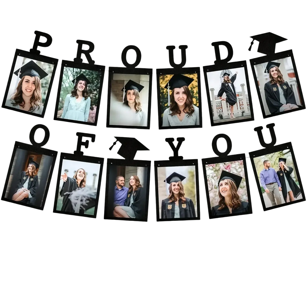 Black 2025 graduation photo banner with cutout letters and mortarboard icons for party decoration