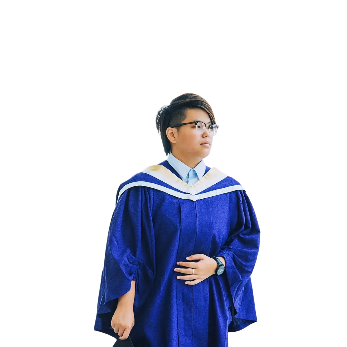Black 2025 graduation photo banner featuring a blue gown with white and gold trim for graduation displays