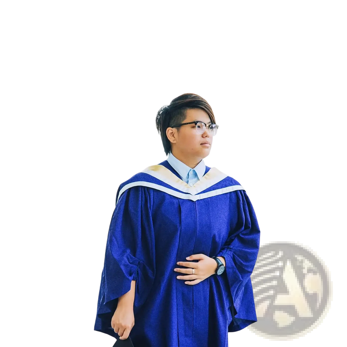 Black 2025 graduation photo banner featuring a blue gown with white and gold trim for graduation displays