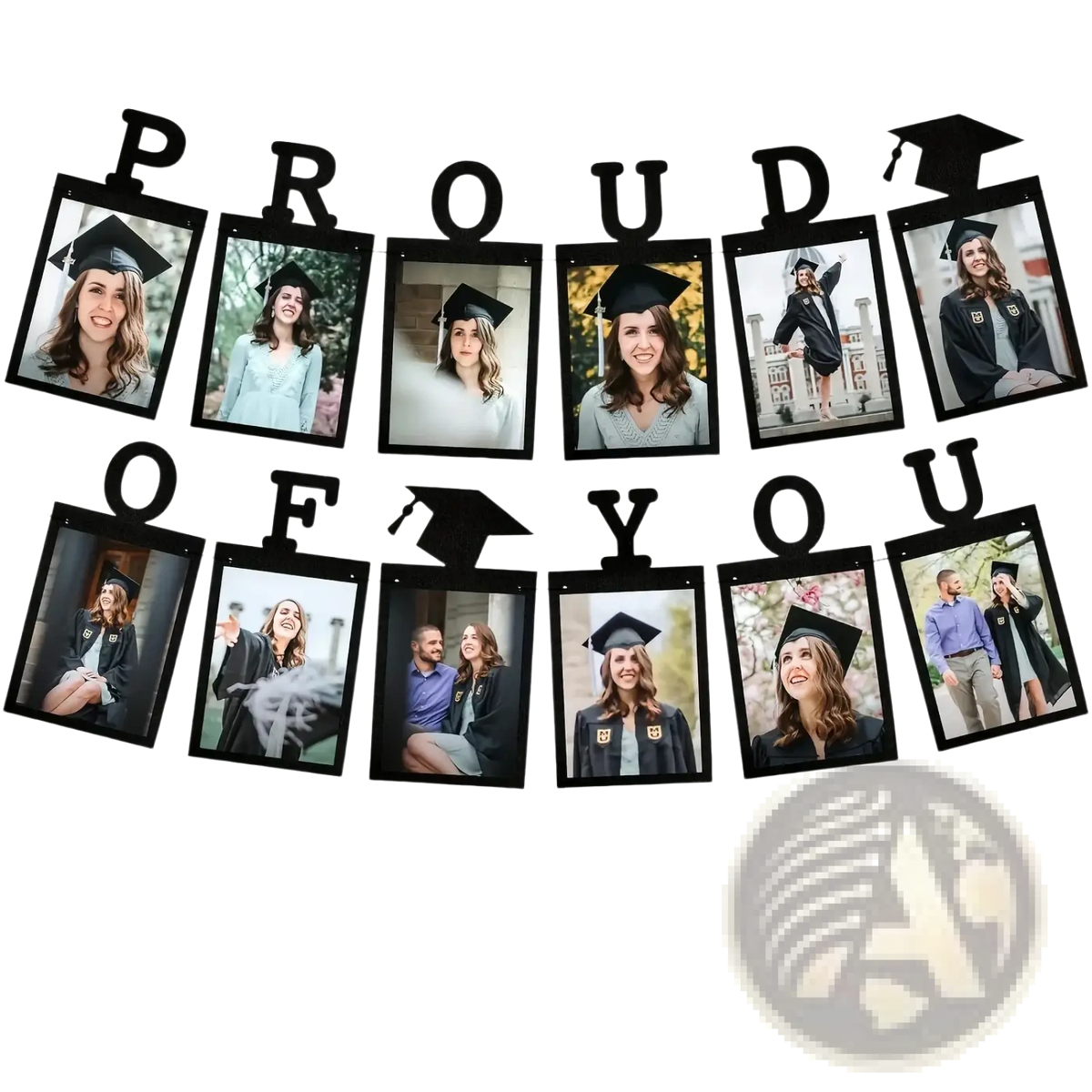 Black 2025 graduation photo banner with cutout letters and mortarboard icons for party decoration