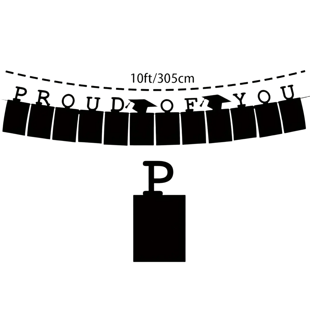 Black 2025 graduation photo banner with cut-out letters and mortarboard icons displaying proud of you message
