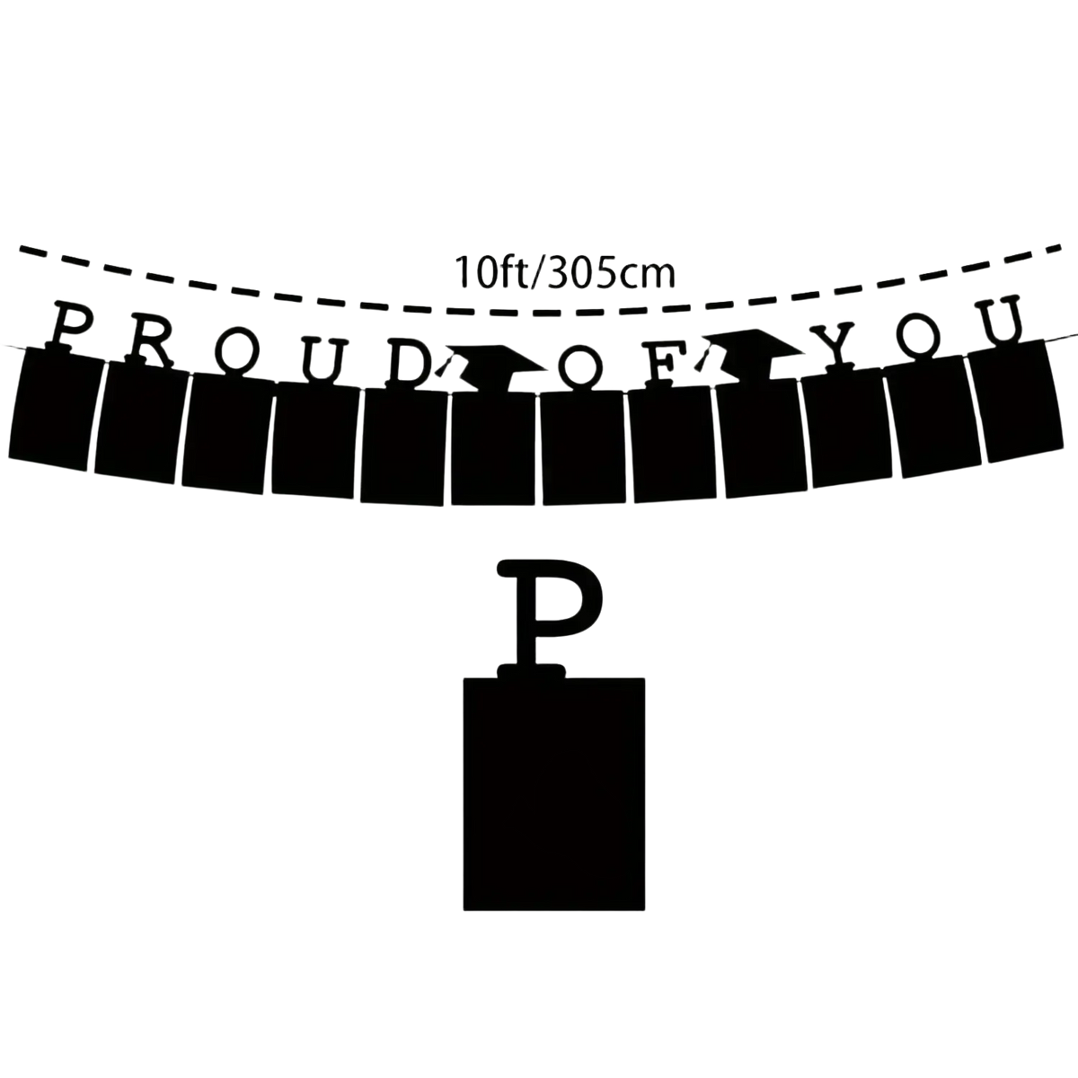 Black 2025 graduation photo banner with cut-out letters and mortarboard icons displaying proud of you message