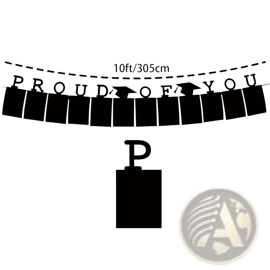 Black 2025 graduation photo banner with cut-out letters and mortarboard icons displaying proud of you message