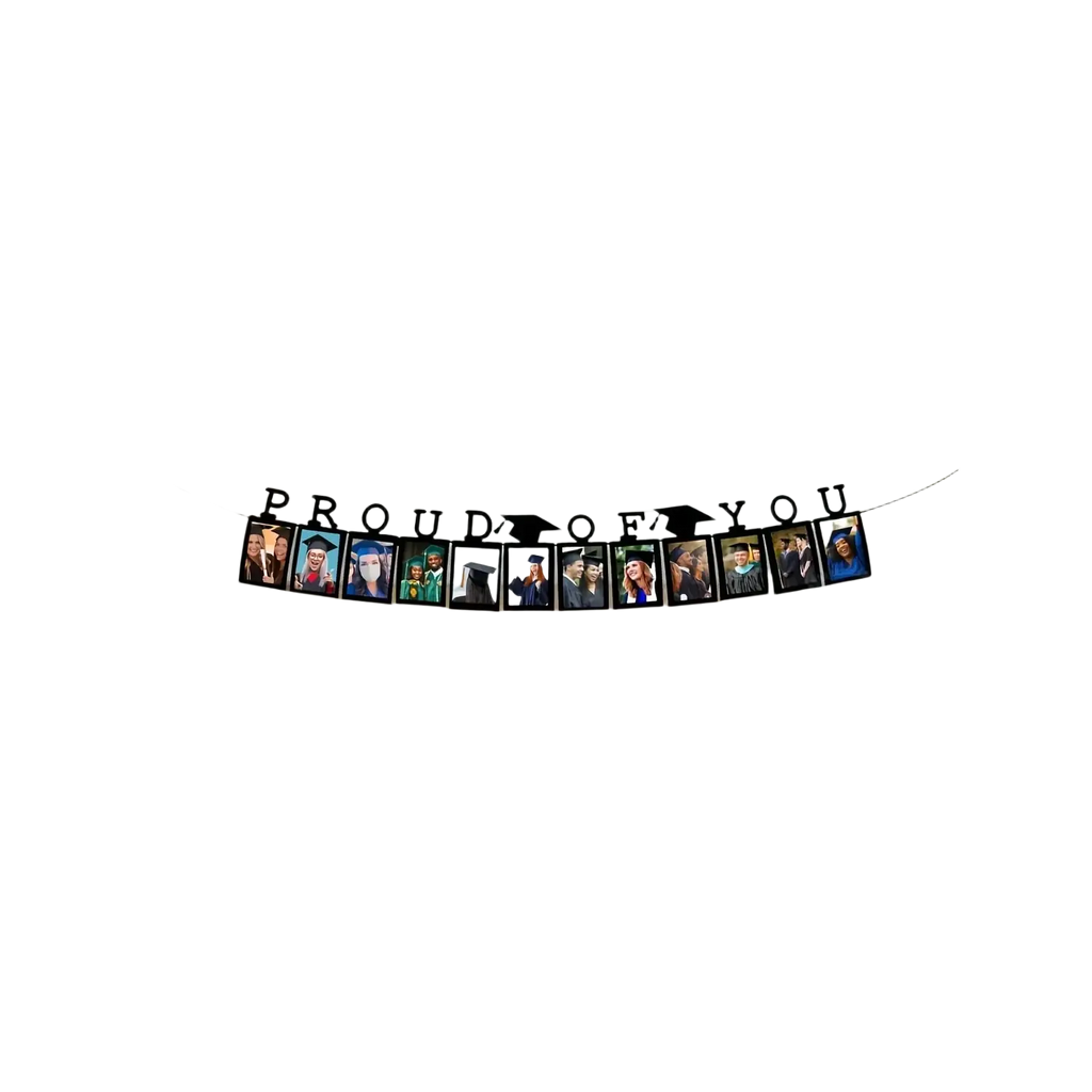 Black 2025 graduation photo banner featuring printed images and graduation caps for celebration decor