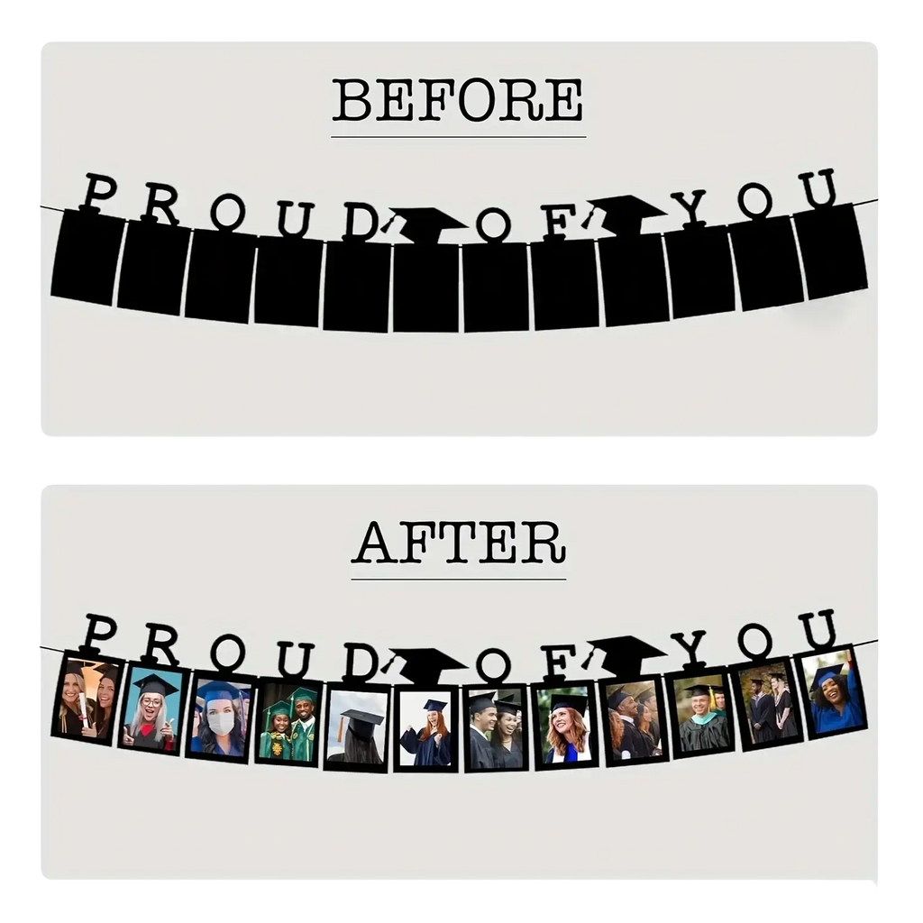 Black 2025 graduation photo banner featuring cutout letters and mortarboard icons for celebratory decoration