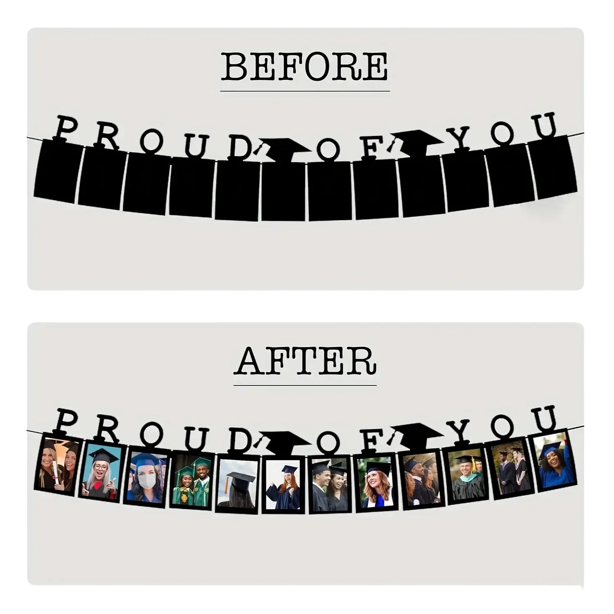 Black 2025 graduation photo banner featuring cutout letters and mortarboard icons for celebratory decoration