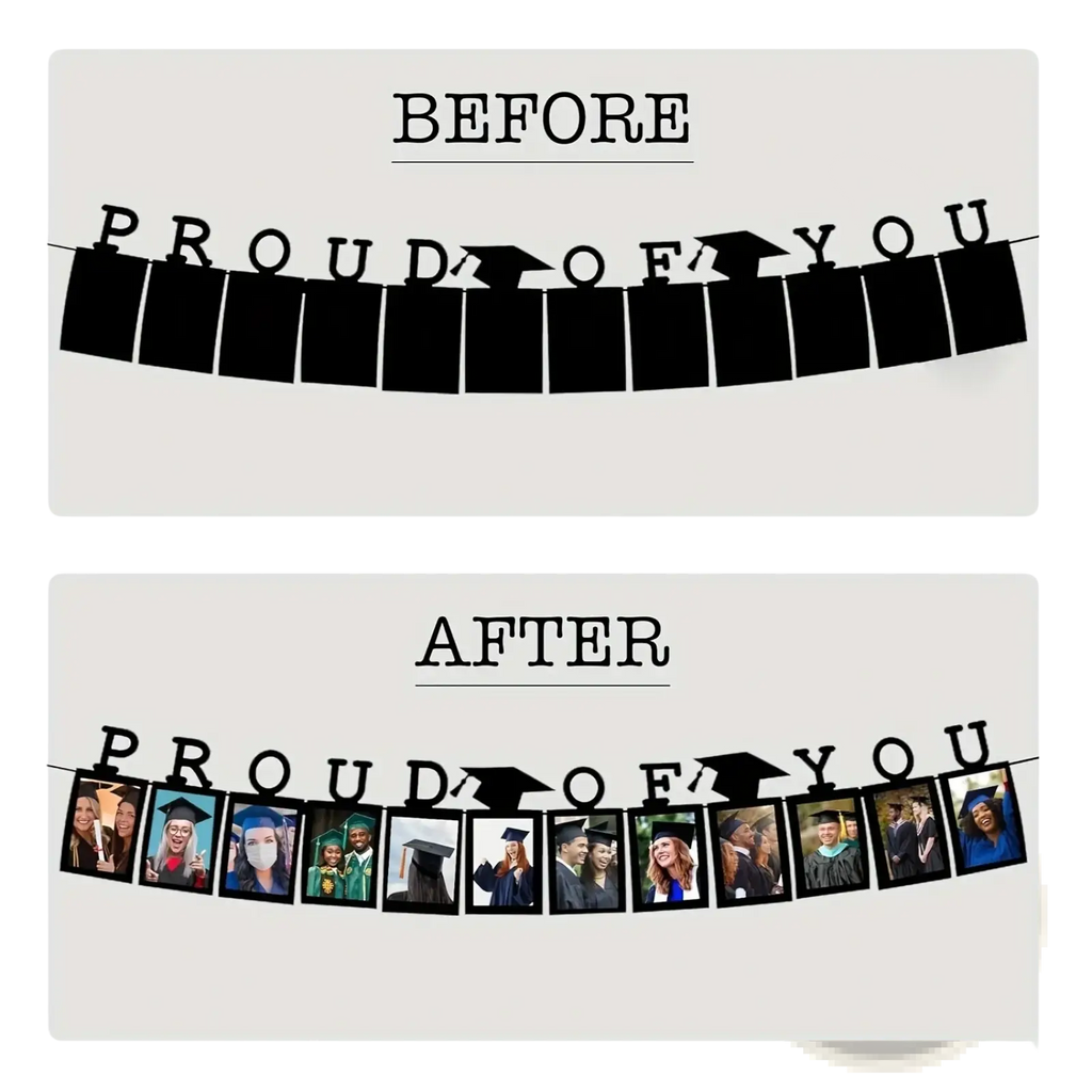 Black 2025 graduation photo banner featuring cutout letters and mortarboard icons for celebratory decoration