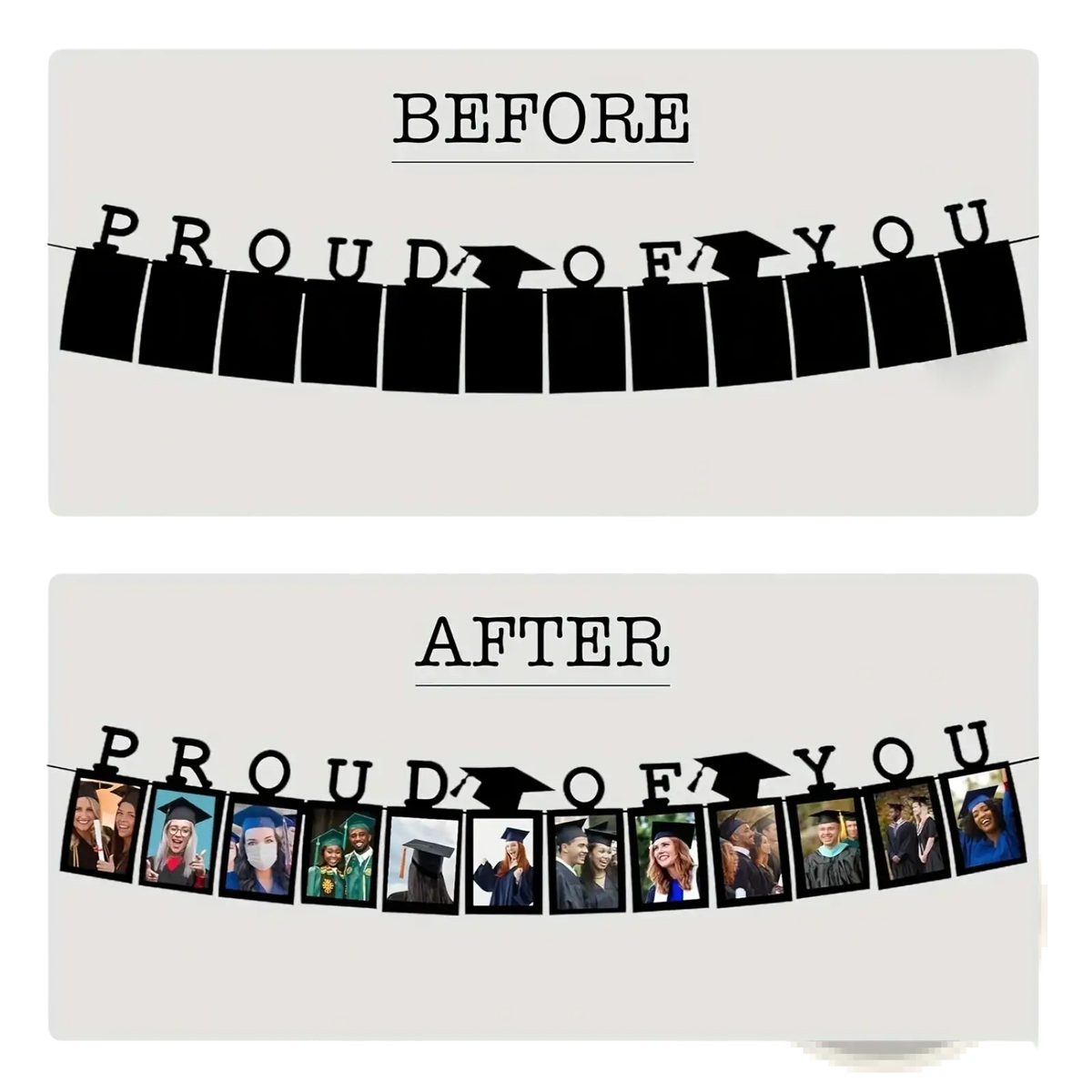 Black 2025 graduation photo banner featuring cutout letters and mortarboard icons for celebratory decoration