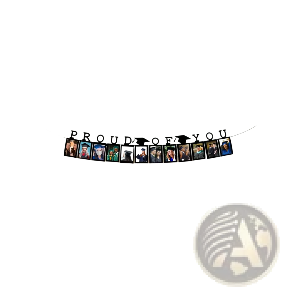 Black 2025 graduation photo banner featuring printed images and graduation caps for celebration decor