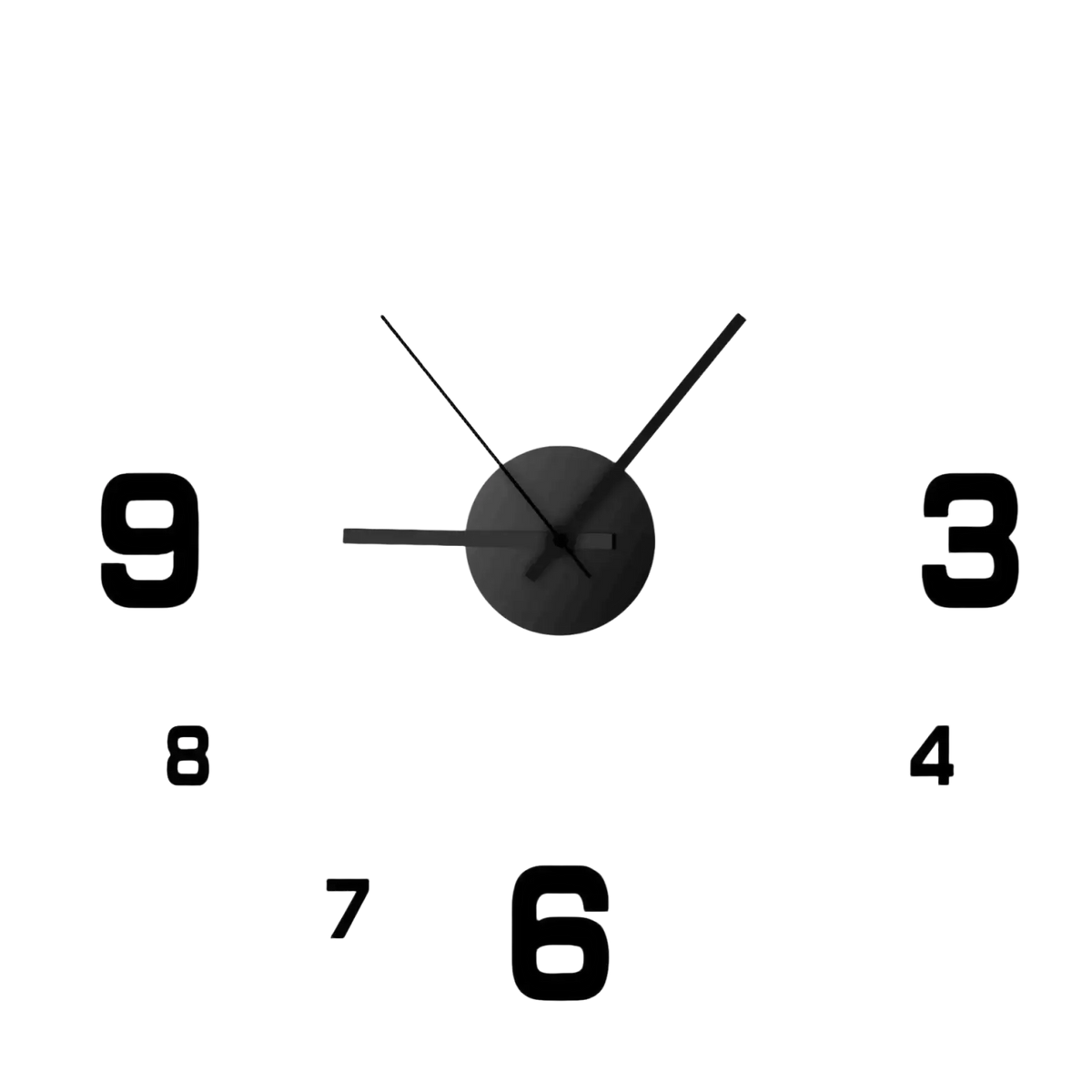 Black 3d minimalist wall clock with bold black numerals and hands on a white analog clock face