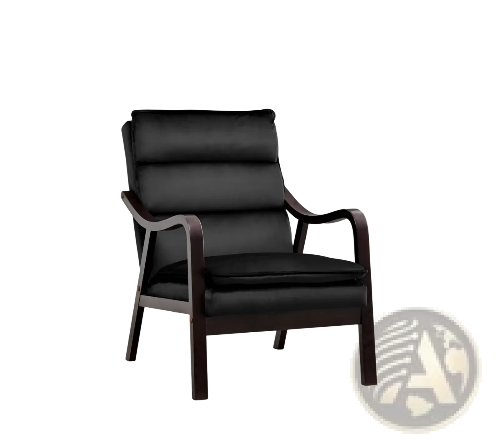 Black accent chair with black leather upholstery and dark wood mid-century armrests in a living room setting