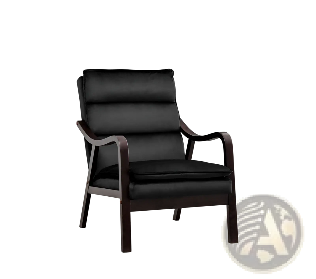 Black accent chair with black leather upholstery and dark wood mid-century armrests in a living room setting