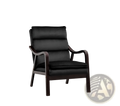 Black accent chair with black leather upholstery and dark wood mid-century armrests in a living room setting