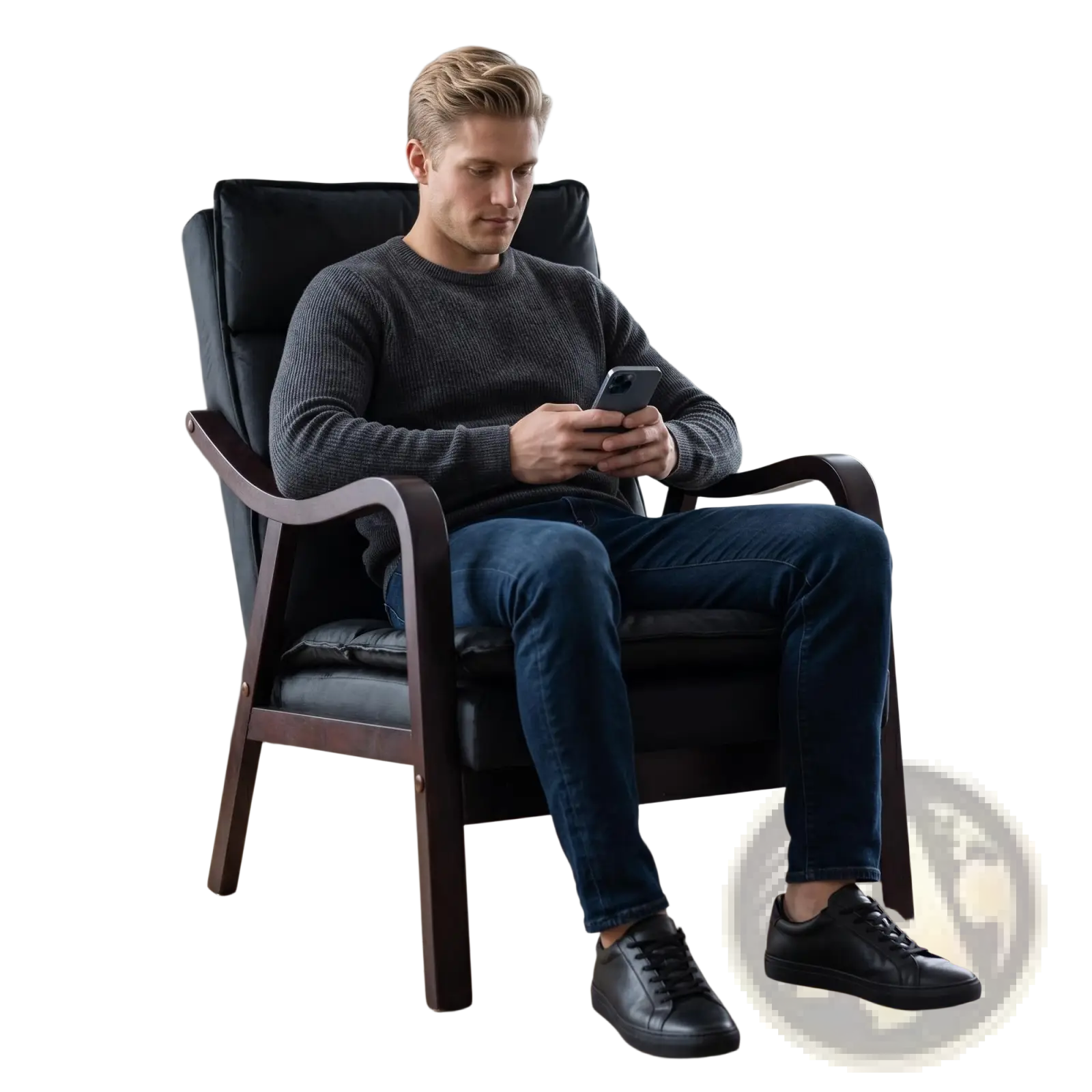 Black accent chair featuring black leather upholstery and mid-century dark wood armrests and frame