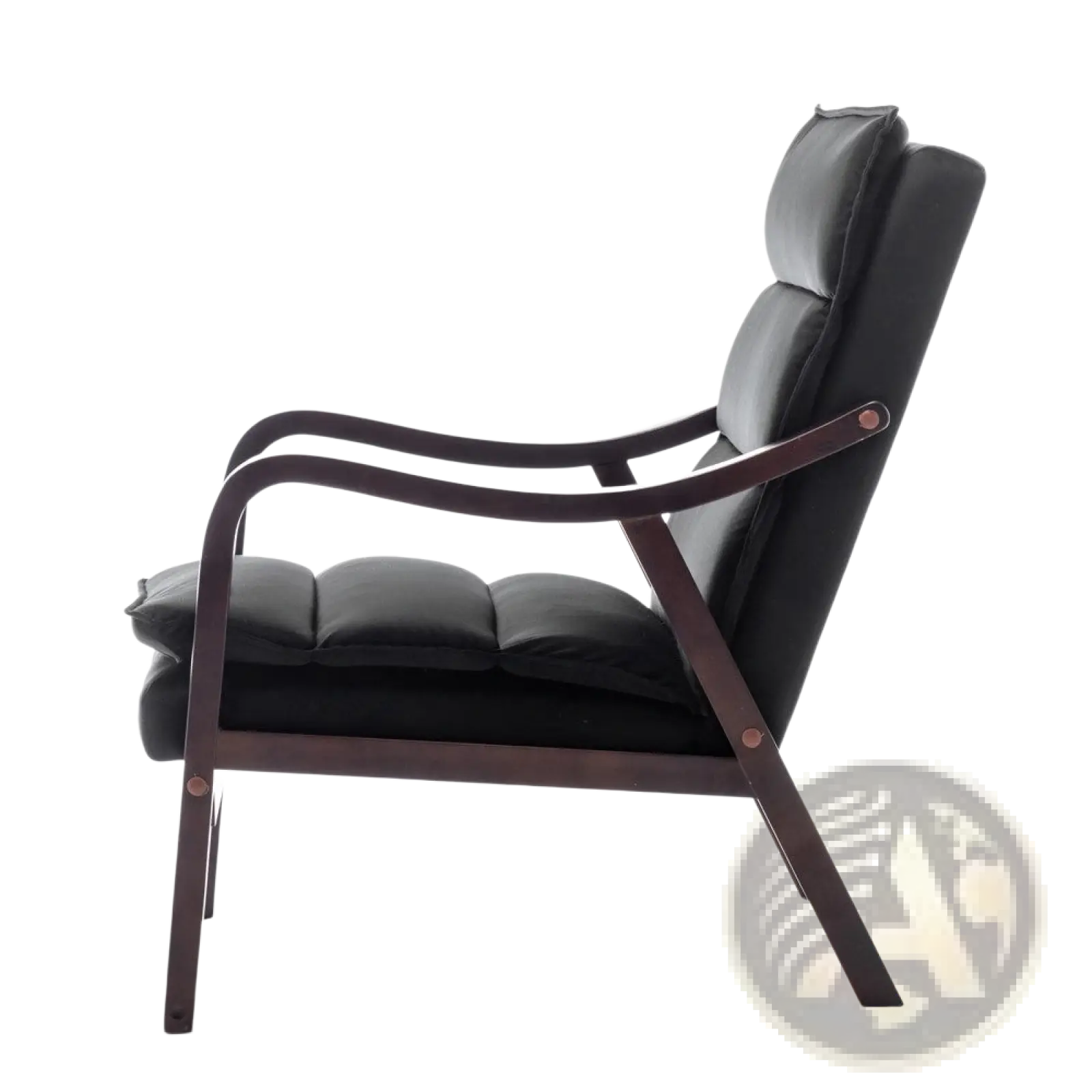 Black accent chair featuring black leather upholstery and dark wood mid-century curved armrests