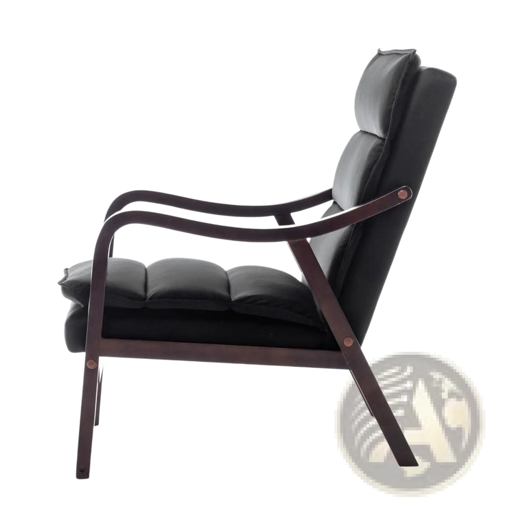 Black accent chair featuring black leather upholstery and dark wood mid-century curved armrests
