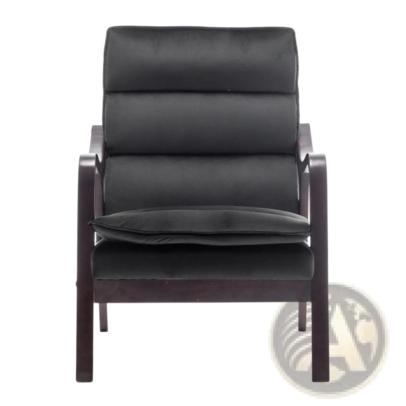 Black accent chair with black velvet upholstery and mid-century dark wood armrests with segmented back cushions