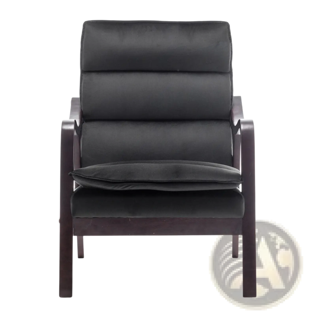 Black accent chair with black velvet upholstery and mid-century dark wood armrests with segmented back cushions