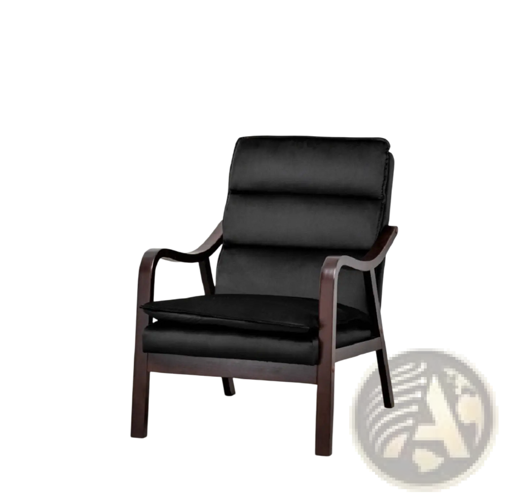 Black accent chair with black velvet upholstery and mid-century dark wood armrests and frame
