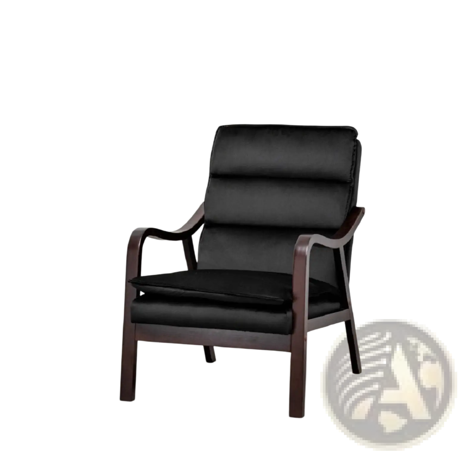 Black accent chair with black velvet upholstery and mid-century dark wood armrests and frame