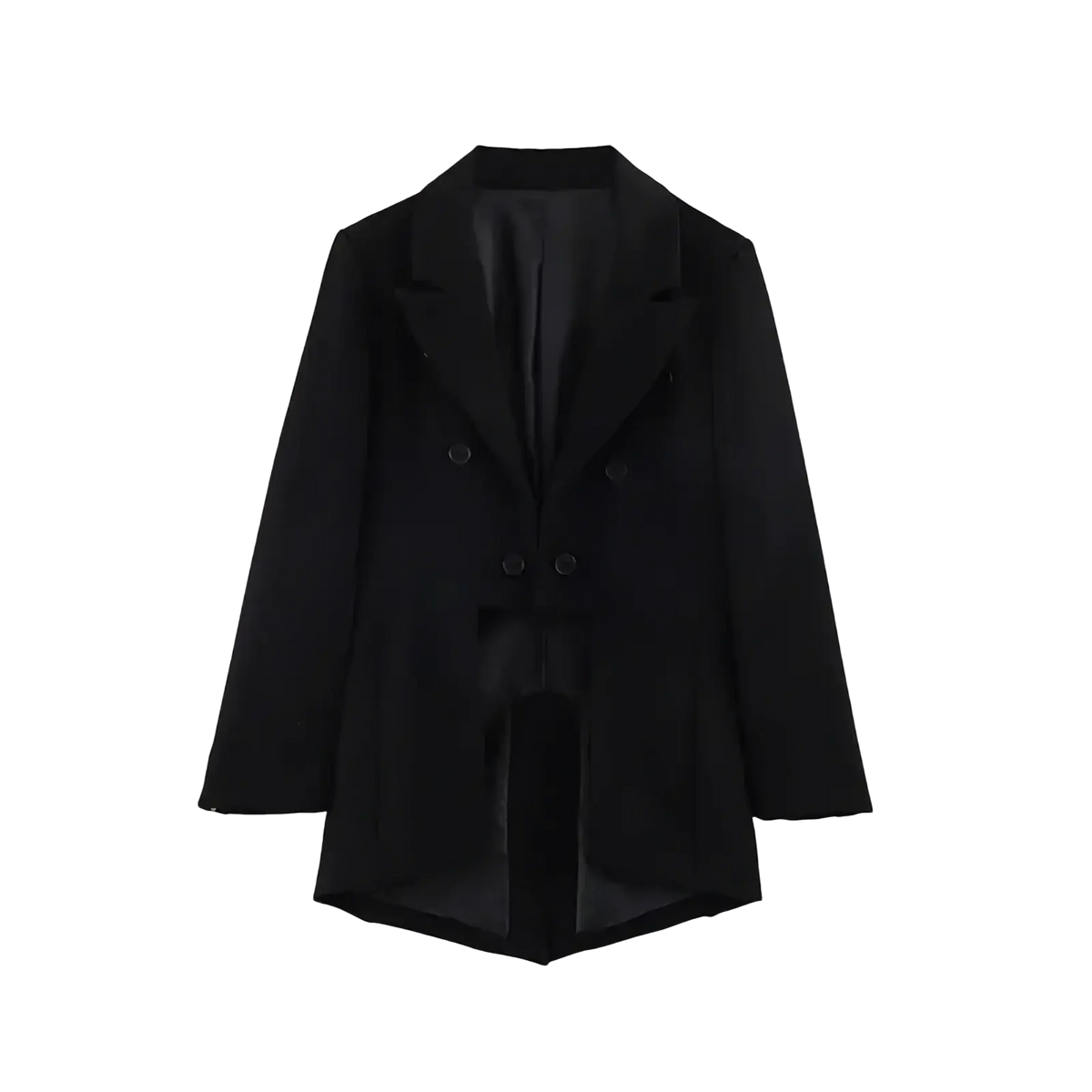 Black asymmetric long women blazer in matte fabric with a sleek tailored design and double-breasted front
