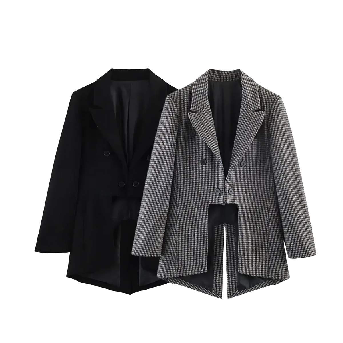 Black asymmetric long women blazer in black and gray houndstooth with double-breasted design and black satin lining