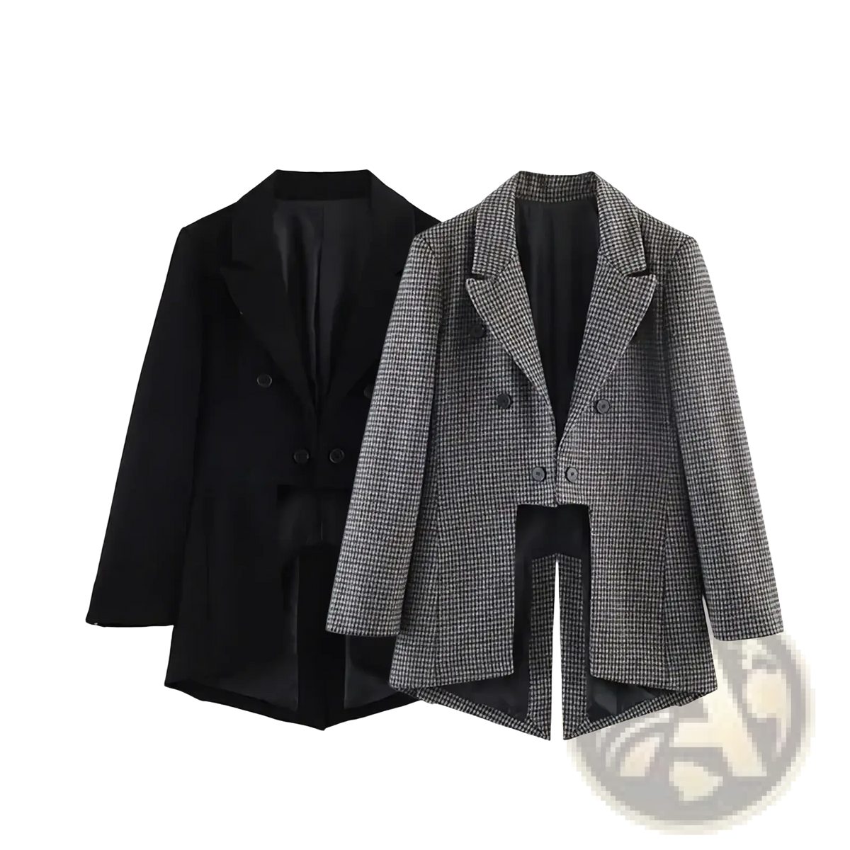 Black asymmetric long women blazer in black and gray houndstooth with double-breasted design and black satin lining