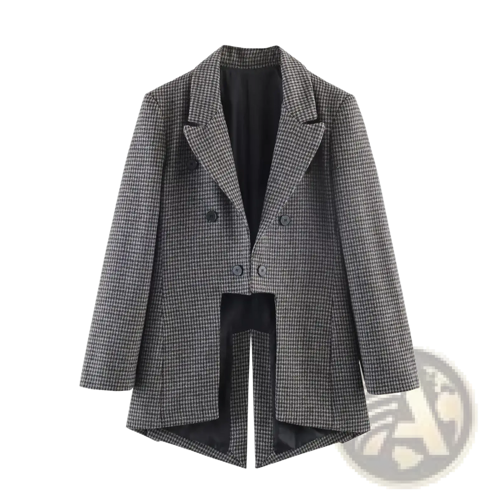 A stylish black asymmetric long women blazer in gray and black houndstooth wool with double-breasted front and notched lapels