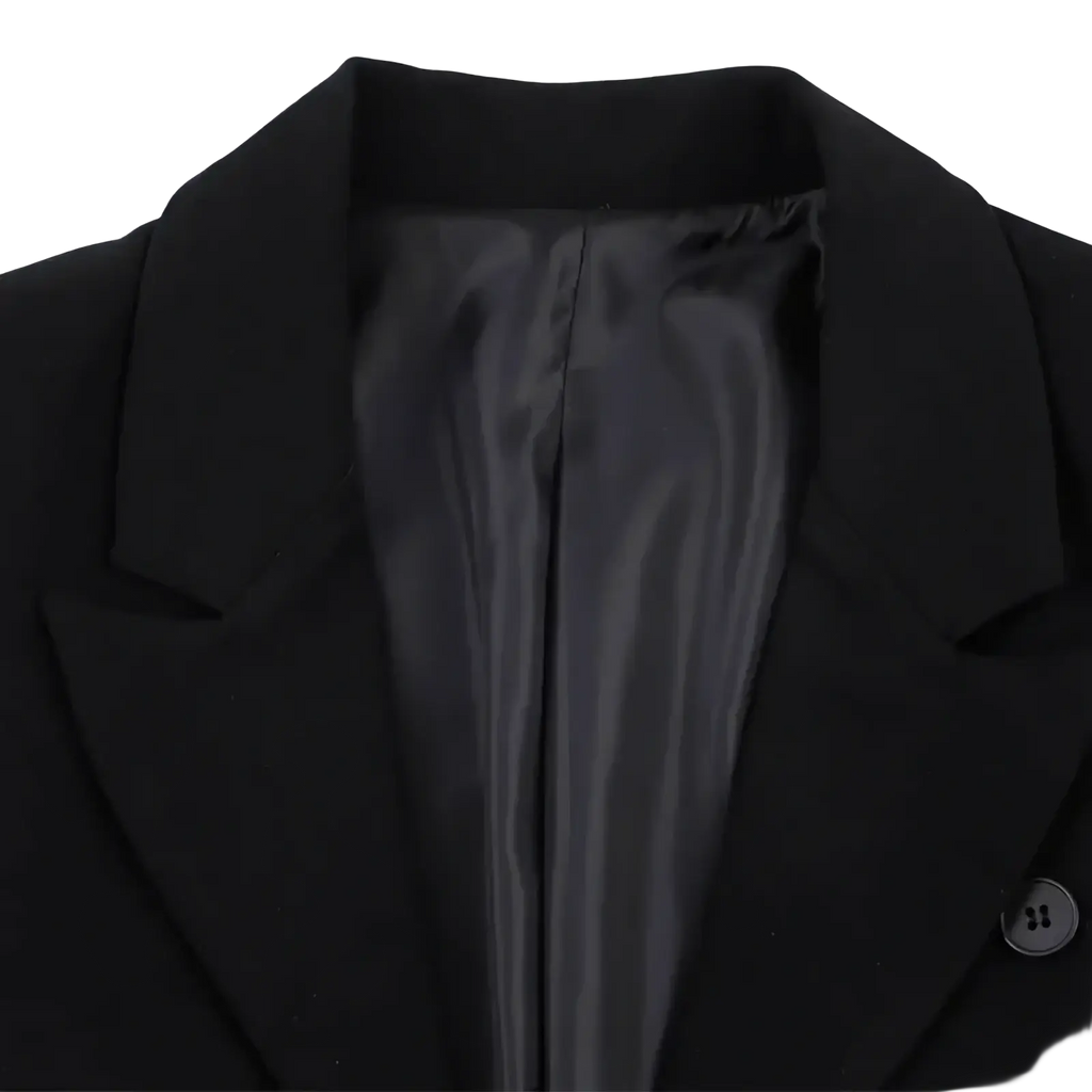 Black asymmetric long women blazer featuring a sleek structured collar and satin-lined interior in black